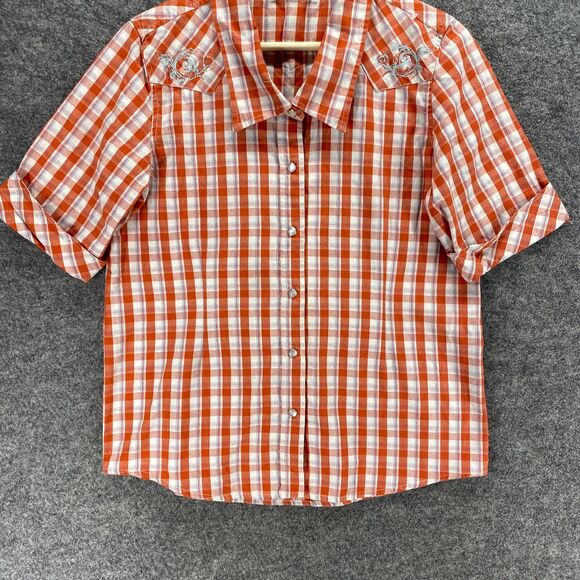 Bit&Bridle Shirt Women S Small Red Plaid Collared Button Up Short Sleeve Cotton - Picture 4 of 8